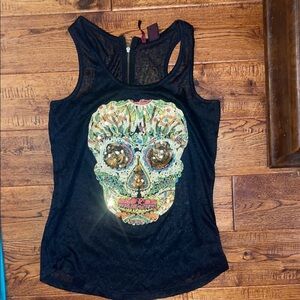 Black Sequin Skull Tank Top Sz S